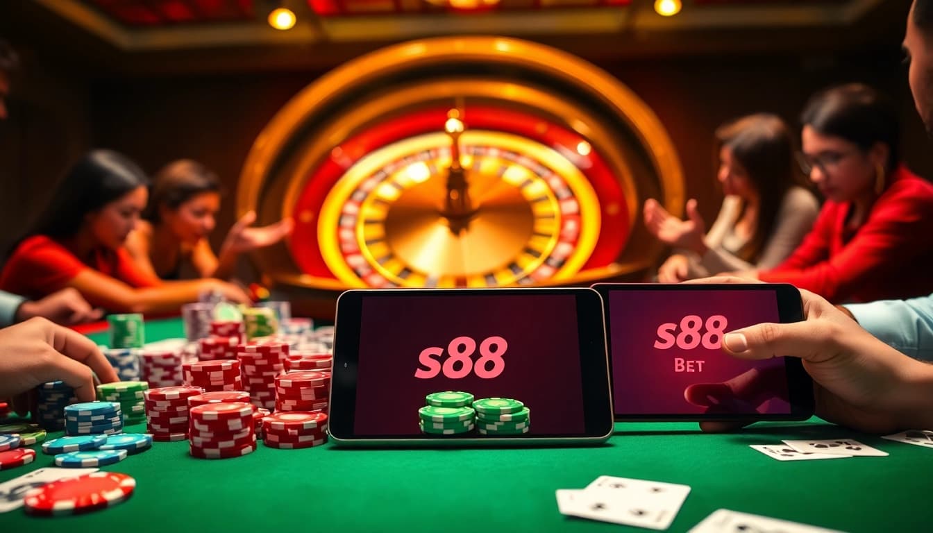 S88BET players enjoying a vibrant casino atmosphere with poker tables and roulette wheels.