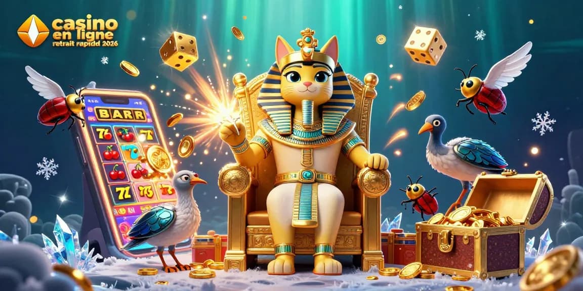 Image captivante illustrant le casino en ligne retrait rapide 2026 avec un chat pharaonique et machine à sous.
