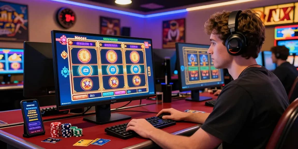 Excited player at credit card casinos online exploring games on a computer with colorful graphics and promotional bonuses.