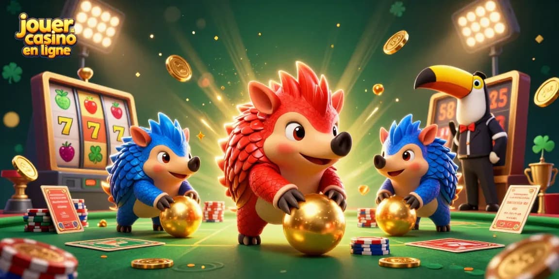 Jouer au casino en ligne dans un univers animé avec des pangolins et des jetons dorés.
