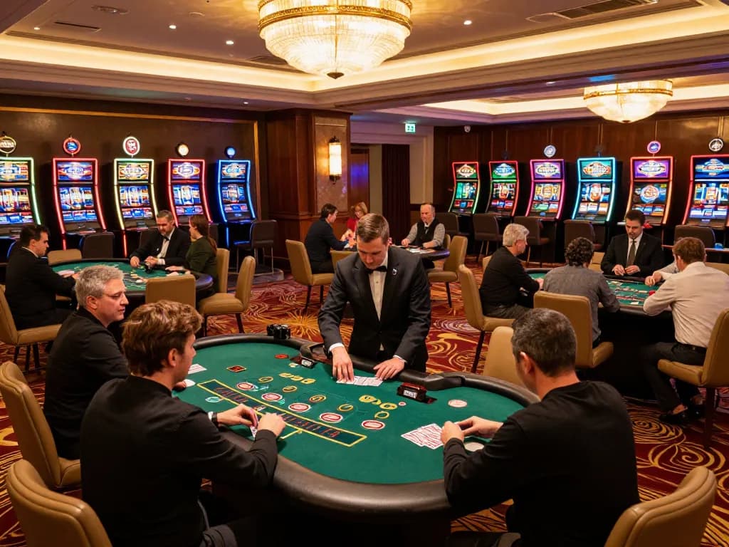 king33 players enjoying blackjack gameplay at an upscale casino with professional dealers