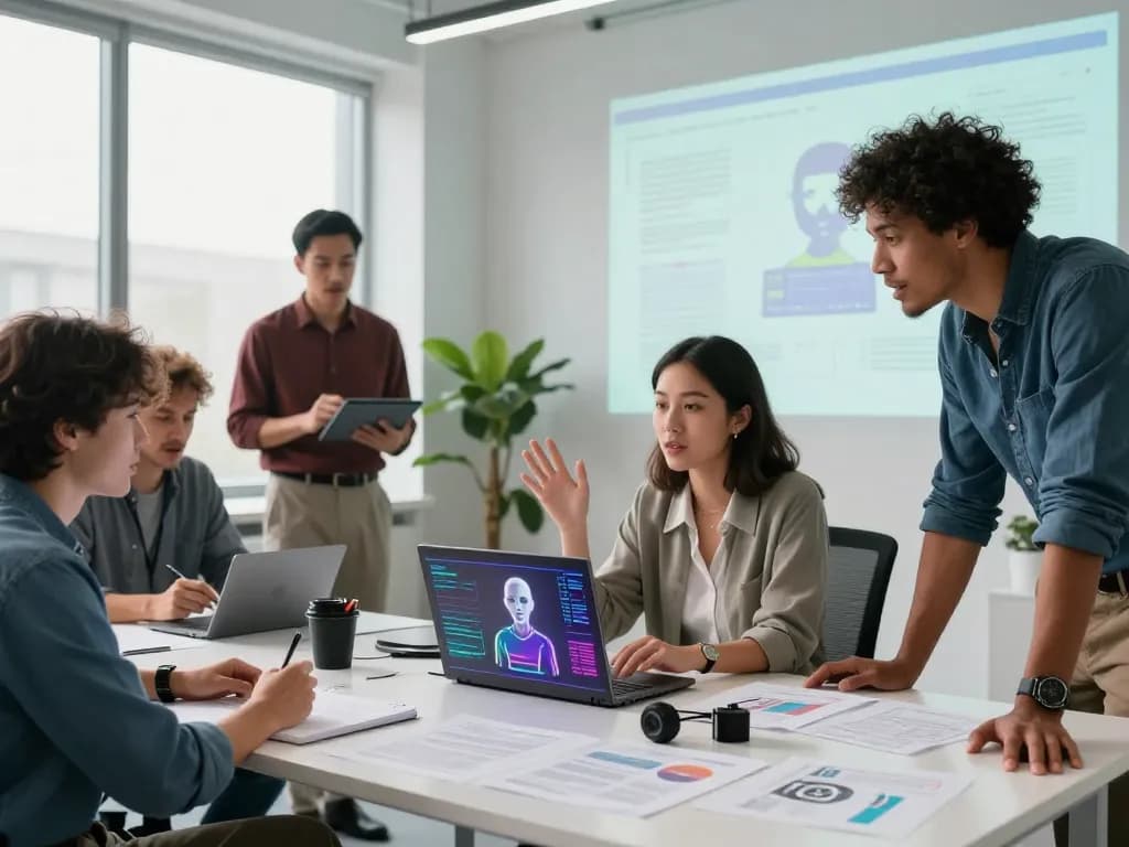 Professionals collaborating in a modern tech workspace on sex AI innovations, showcasing teamwork and innovation.
