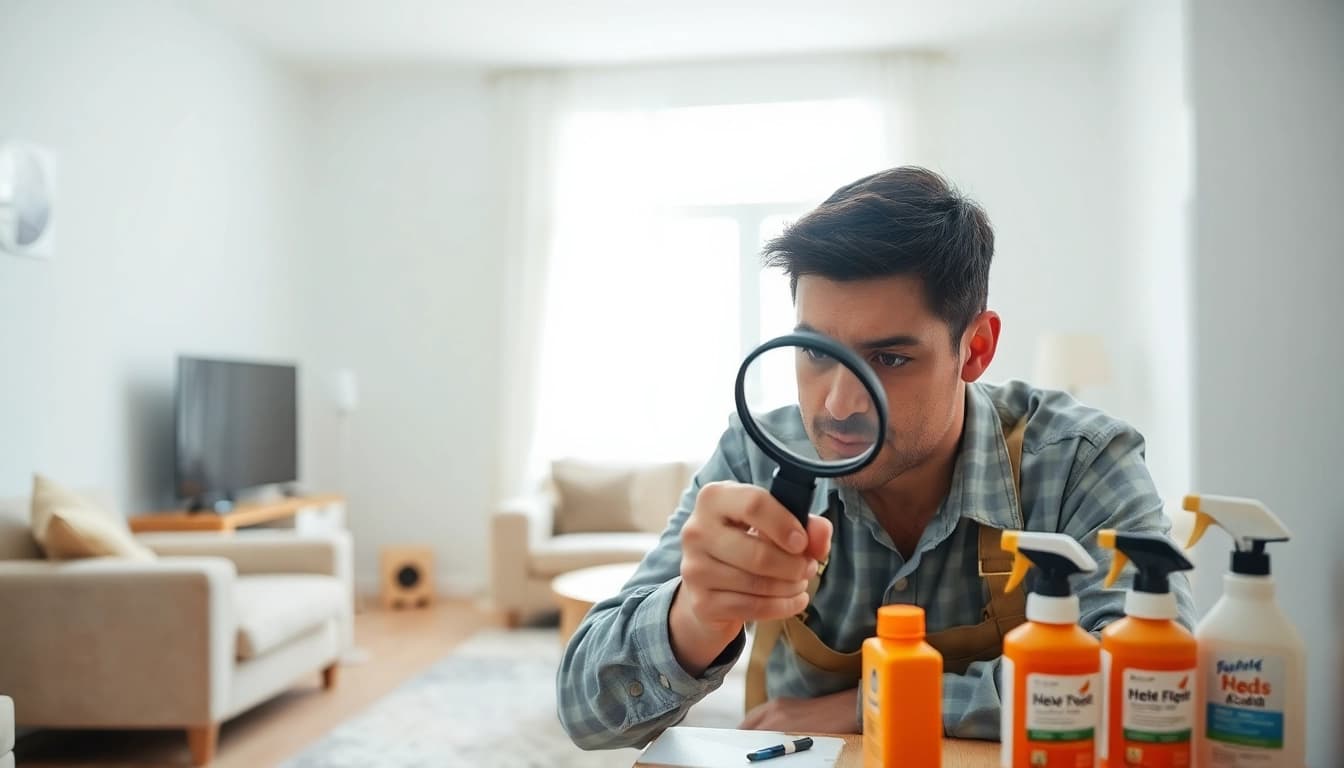 Expert conducting affordable bed bug treatment inspection in a tidy living area.
