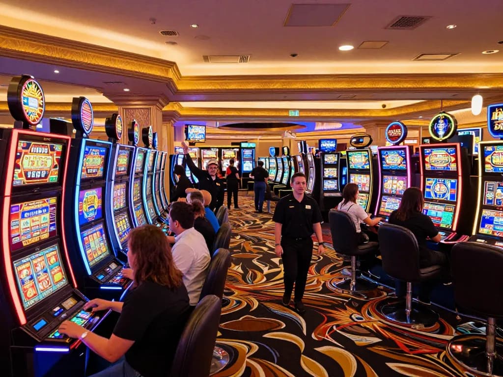 Celebrating a big win at a vibrant slot gacor machine on a Vegas casino floor.