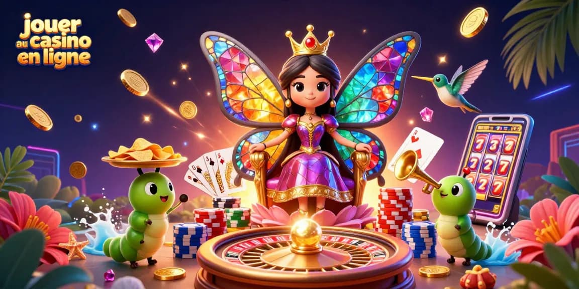 Jouez au casino en ligne avec une reine papillon 3D entourée de pièces d'or et d'une roulette festive.