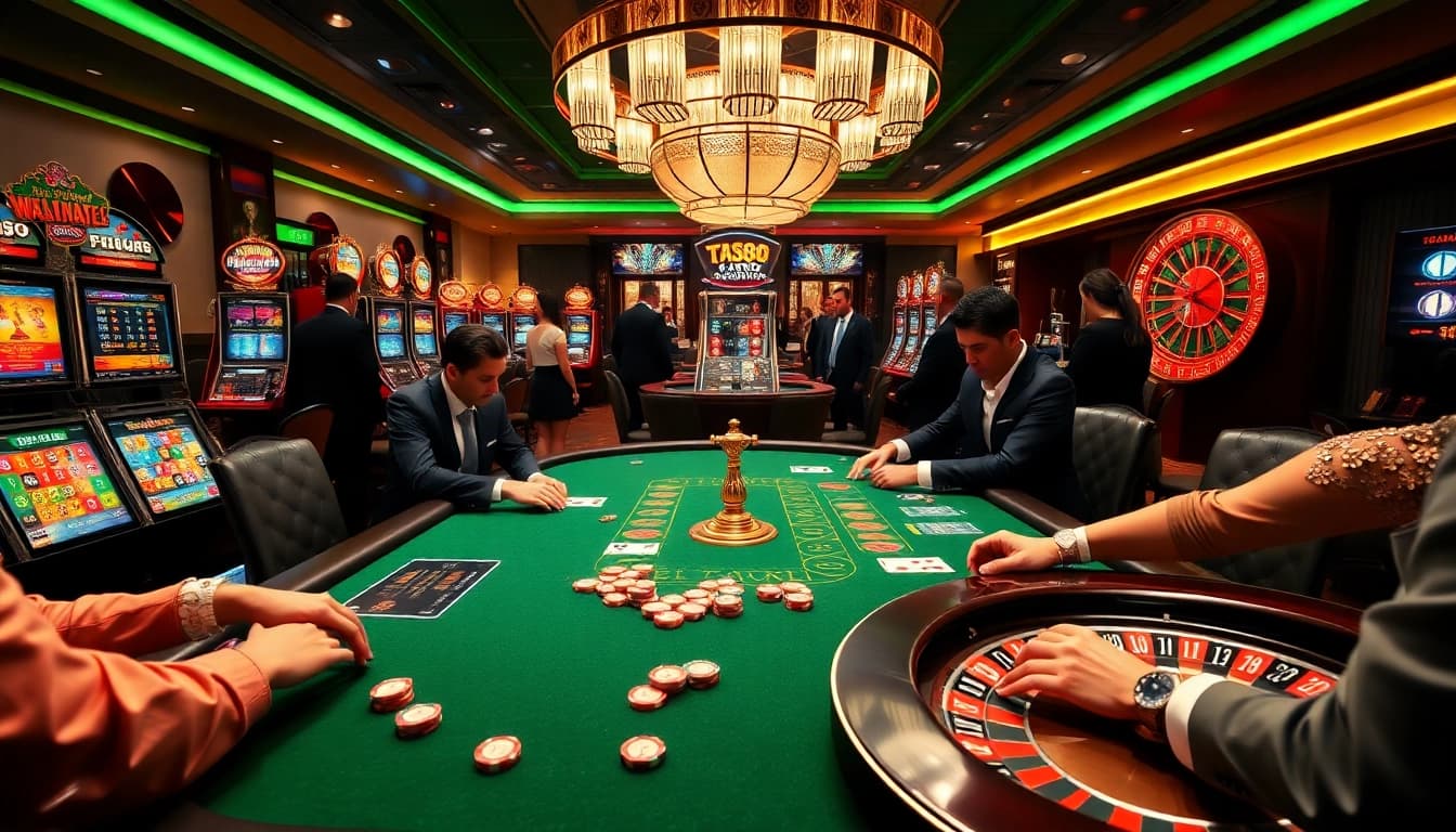Exciting casino atmosphere with a professional poker table and TT88 elements.