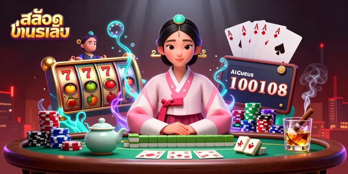 Play สล็อตทดลองเล่น with vibrant slot reels and poker elements in a captivating casino scene.