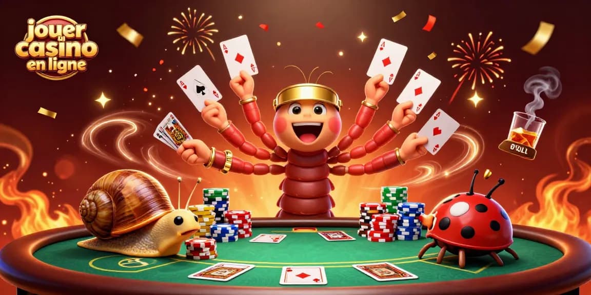 Jouer au casino en ligne avec un dealer millipède et un escargot joueur entouré de jetons.
