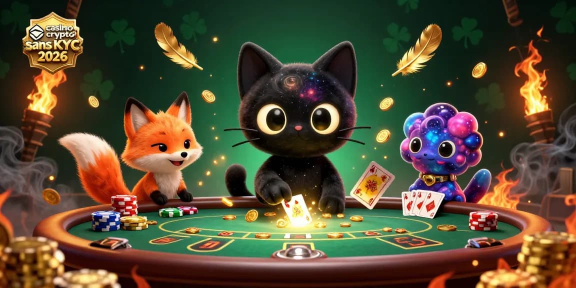 Jouez dans un casino crypto sans KYC 2026 avec un chat noir de trou noir et un renard nébuleux.