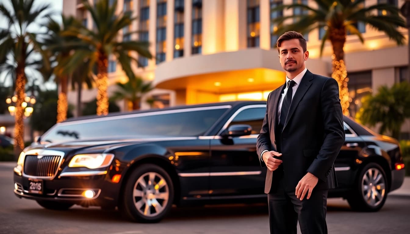 LA Limo parked in front of a luxury hotel, ready for premium transportation.