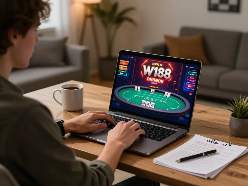 Player engaging with W188 online casino poker, highlighting a focused gaming experience at home