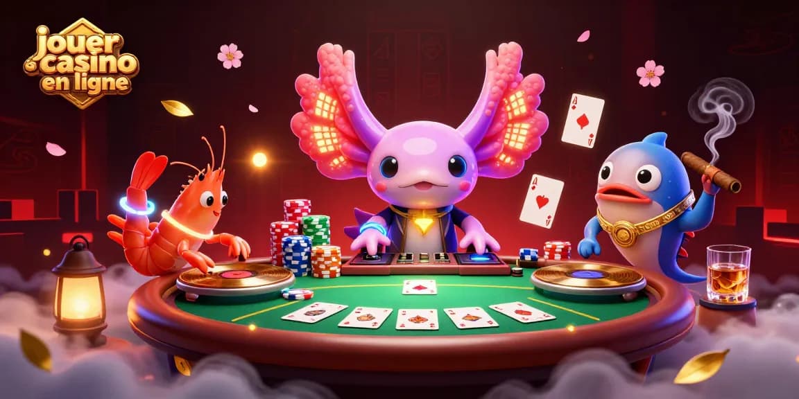 Jouer au casino en ligne avec une illustration vibrante d'un DJ axolotl, des crevettes dansantes et un poisson-batteur.