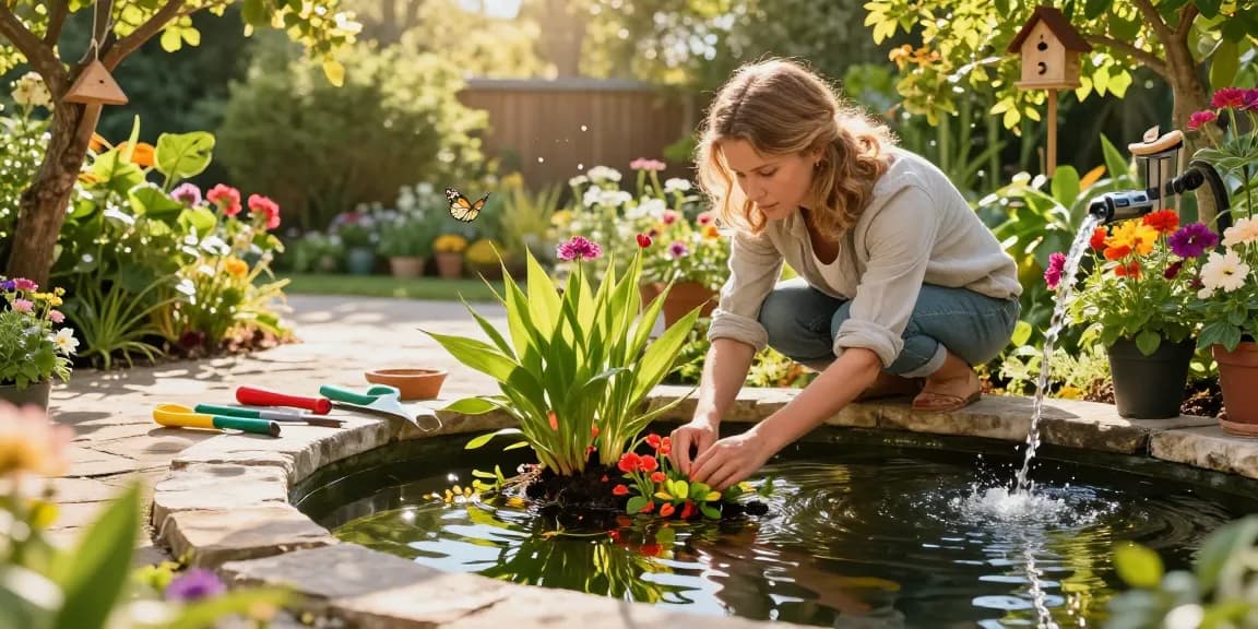 Buy Pond Plants Online: Vibrant aquatic plants in a serene garden pond with landscaping elements inviting nature enthusiasts.