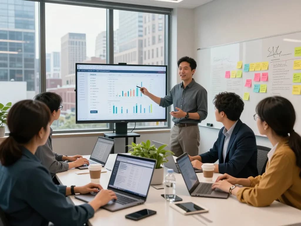 Local SEO NYC experts collaborating in an urban office, strategizing growth with data analytics.
