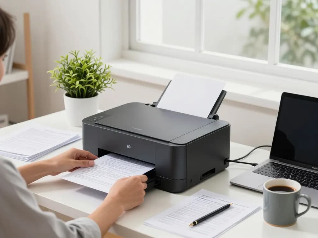 Smart printer in use at a modern home office, highlighting productivity and efficiency.