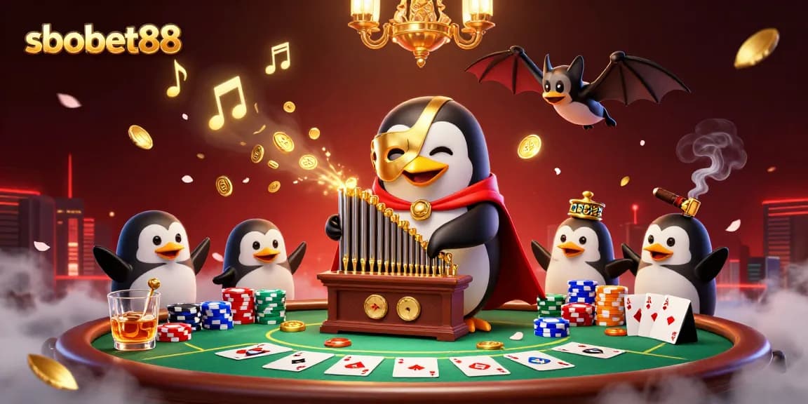 sbobet88 showcases a cartoon penguin playing music while golden coins flow around a festive poker scene.