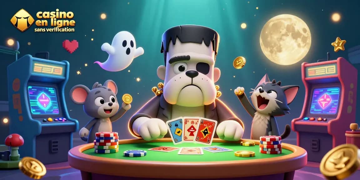 Jouer au casino en ligne sans vérification avec un bulldog Frankenstein aux cartes et une atmosphère magique.