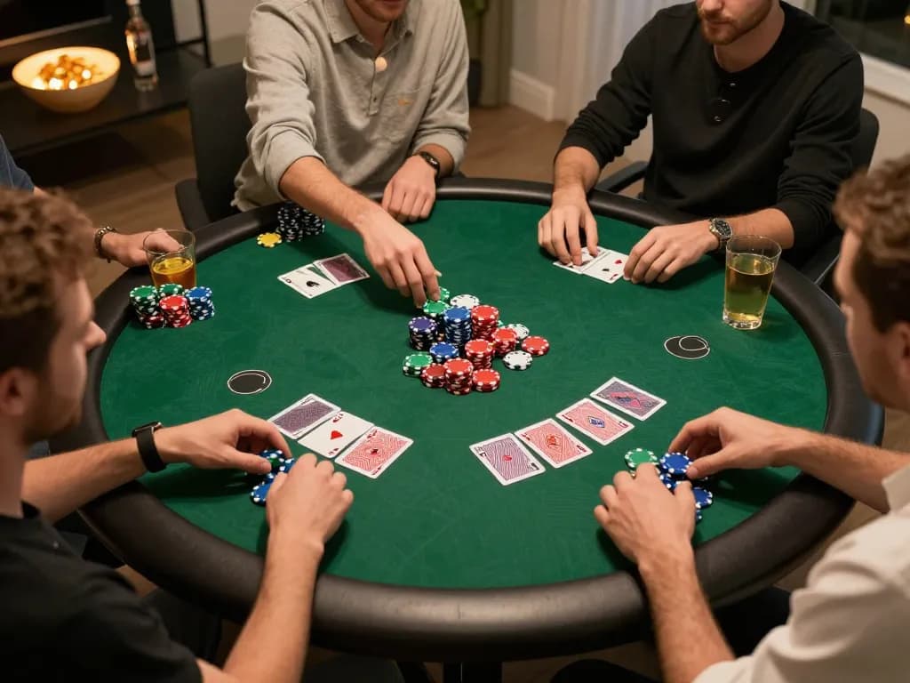 Engaging poker night at home showcasing players during action, Nhà Cái OKFUN elements emphasizing fun and strategy.