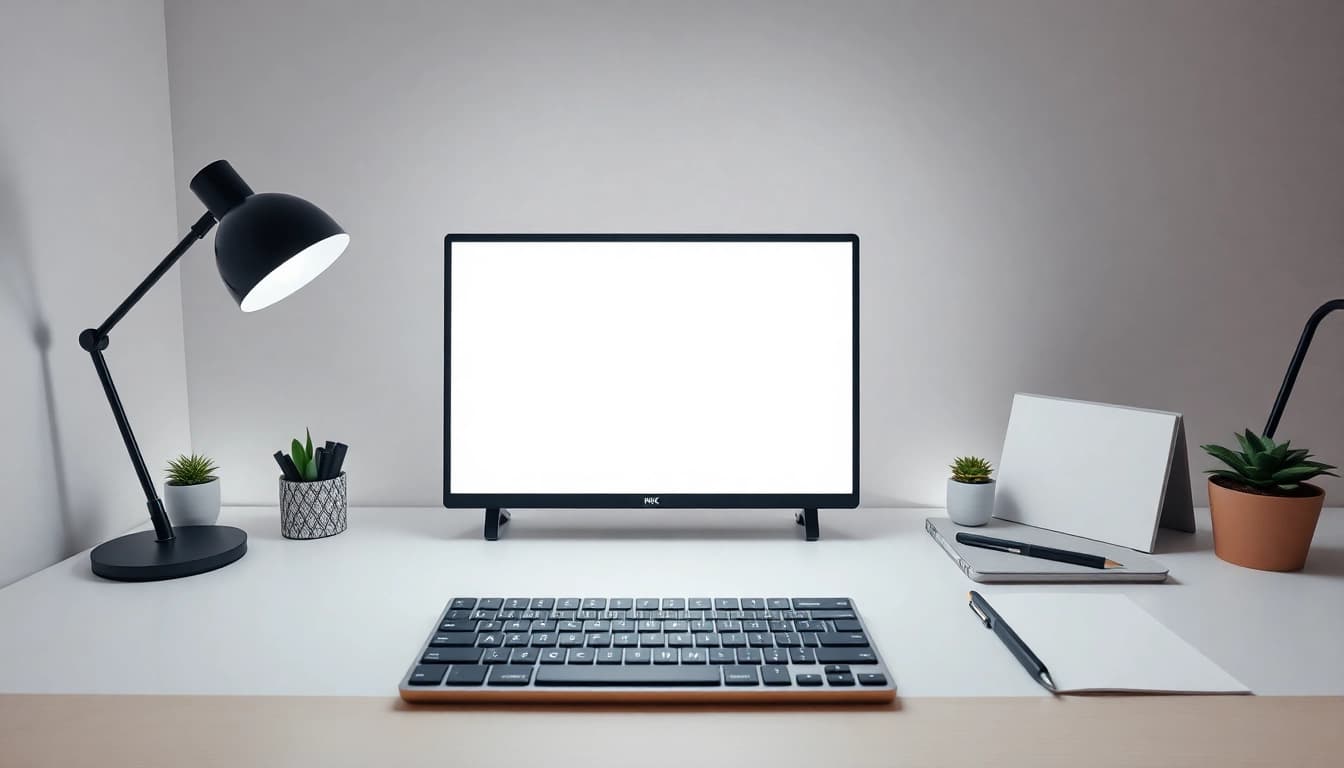 Monitor testing and lighting enhancement using tela branca tool in a modern workspace.