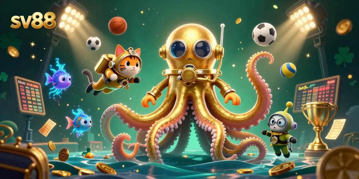 Unleash winning strategies at sv88 with this vibrant 3D casino illustration featuring a kraken and diving cat.