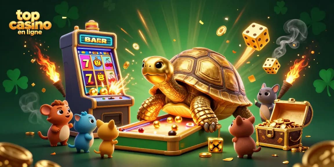 Jouez à des machines à sous dans le meilleur casino en ligne, avec une tortue dorée amusante et des éléments scintillants.