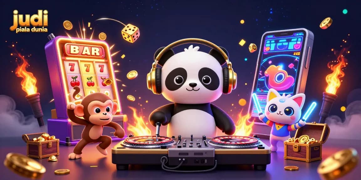Engage in judi piala dunia action with a vibrant casino-themed illustration featuring fun characters and game elements.