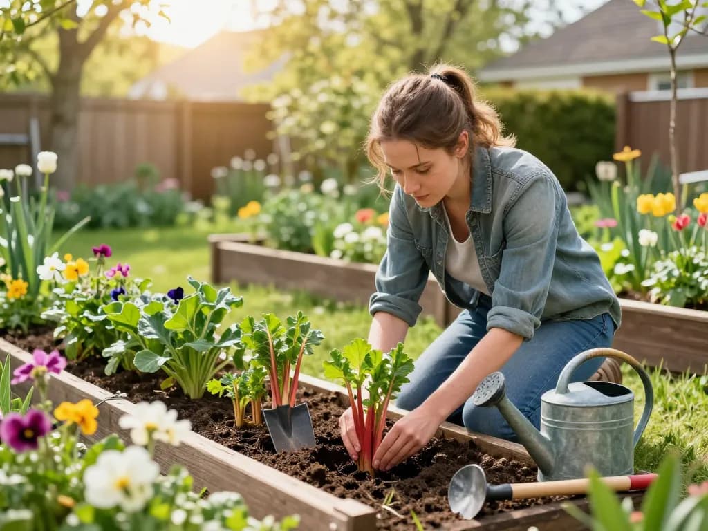 Gardener planting rabarber planten in a vibrant spring garden filled with colorful flowers and sunlight.