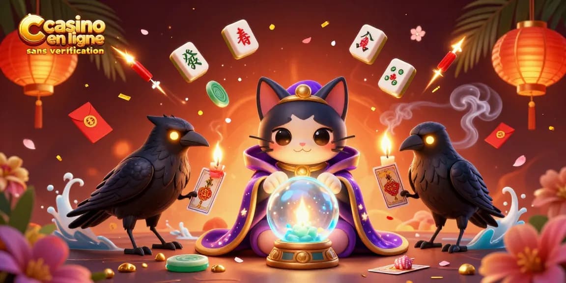 Jouez au casino en ligne sans vérification avec un chat mystique et un corbeau tirant des cartes.