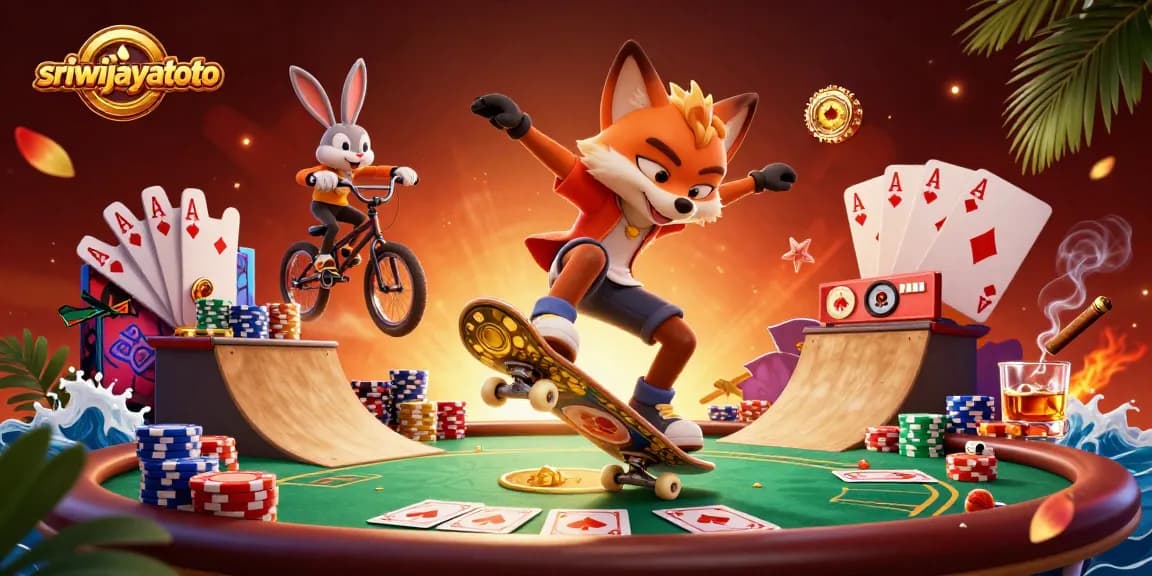 Sriwijayatoto showcases a vibrant 3D scene featuring an energetic skateboarder fox and BMX-riding rabbit in a casino-themed illustration.