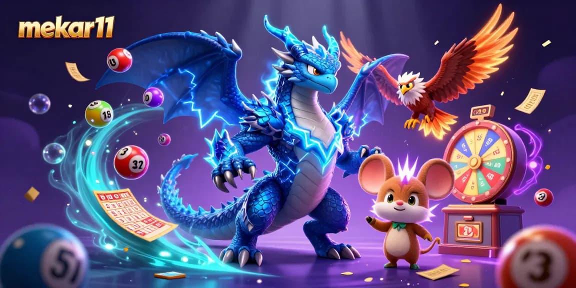 Mekar11 unleashing vibrant lottery excitement with a dragon, hawk, and playful thunder mouse.