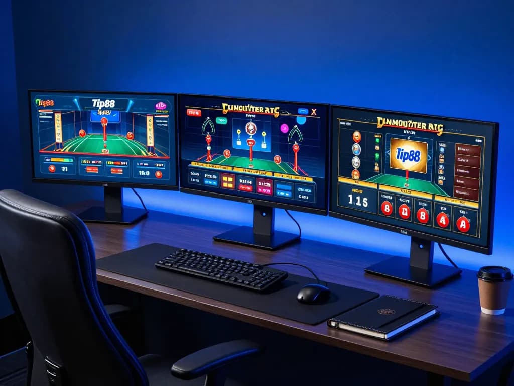 Tip88 showcasing a professional online gaming setup with multiple screens for enhanced betting experience.