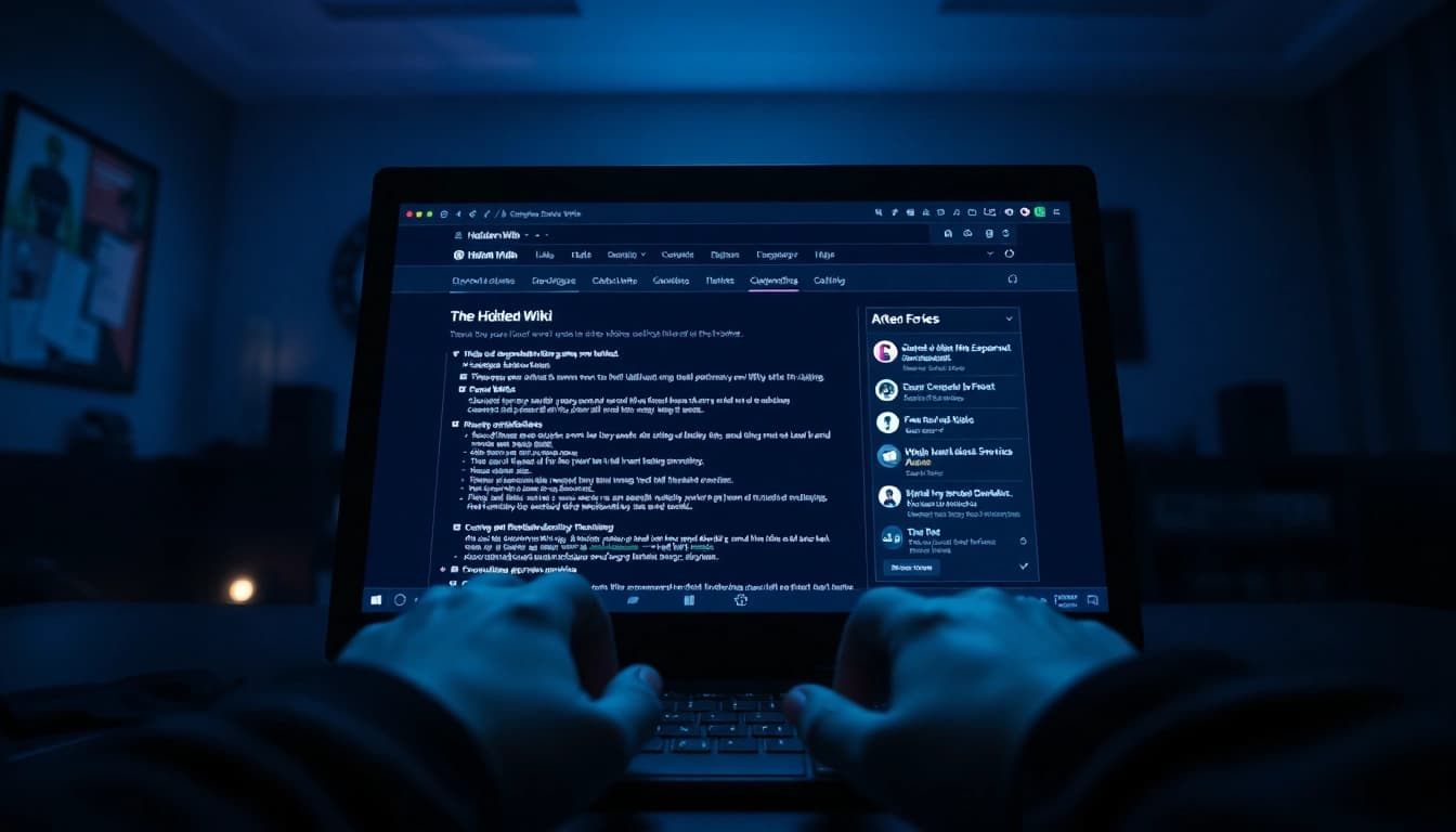 Interactive dark web interface of the hidden wiki featuring engaging .onion links in a mysterious environment.