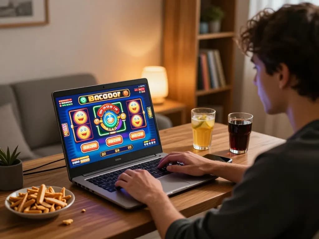 Engaging in slot gacor gameplay at home, capturing the excitement of online gambling in a cozy setting.