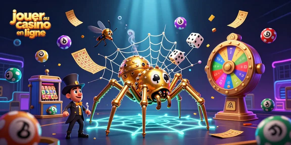 jouer au casino en ligne avec une araignée steampunk tissant sa toile de gains dans un décor coloré