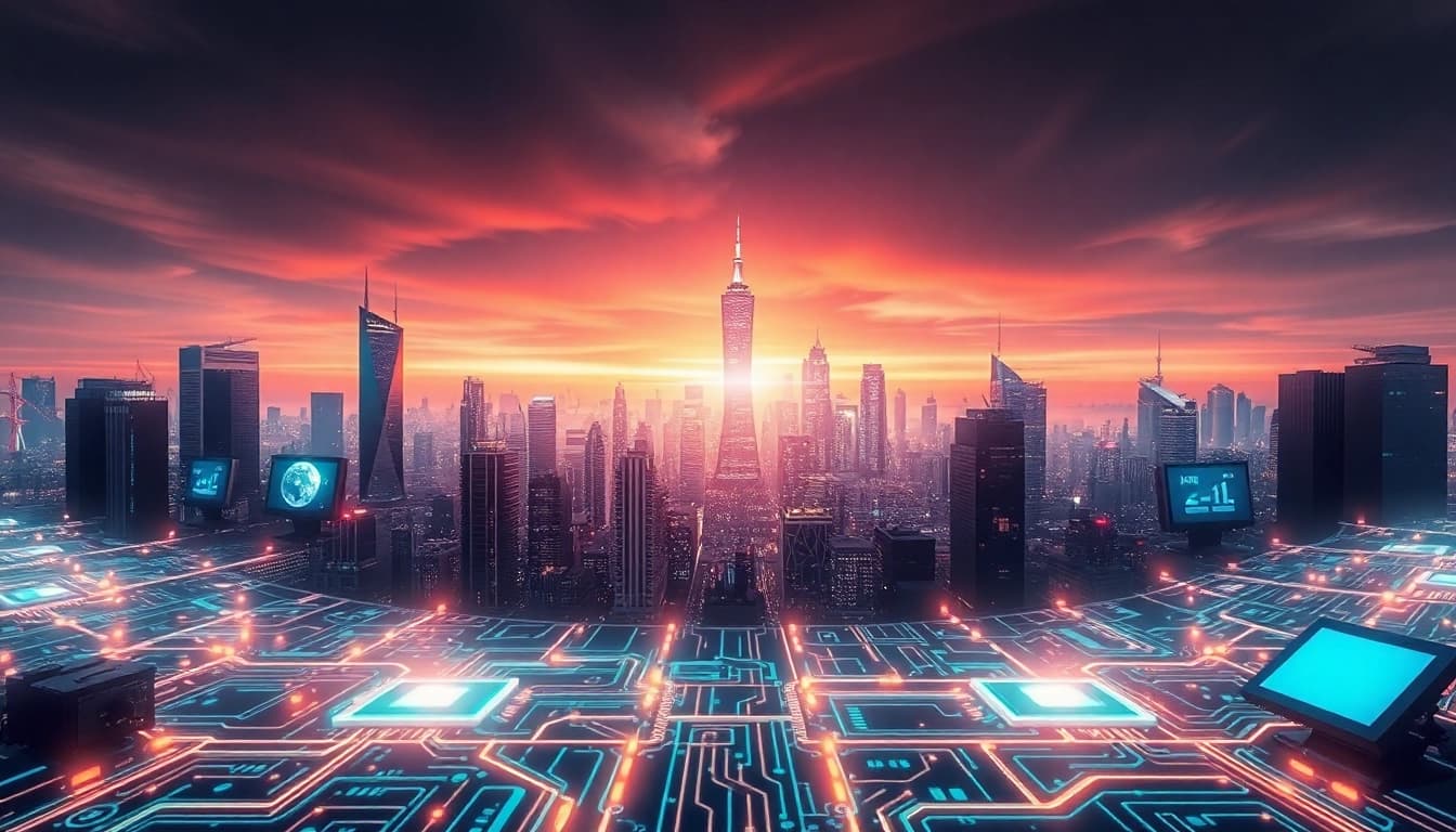 Showcasing Technology in a vibrant digital landscape with futuristic elements and glowing circuits.