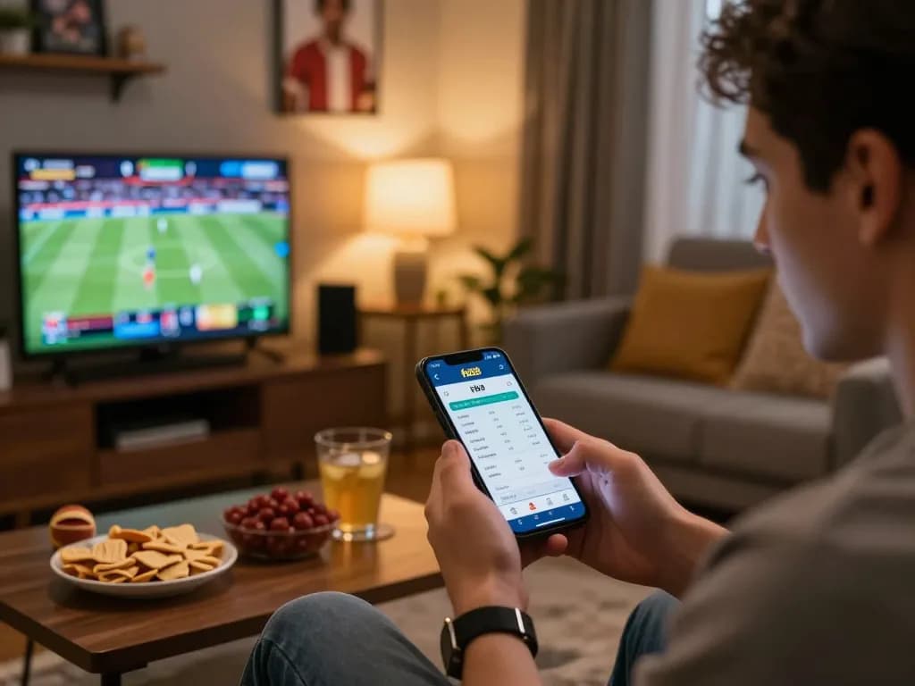 Engaging in sports betting on the fb88 app in a lively home setting with snacks and memorabilia.