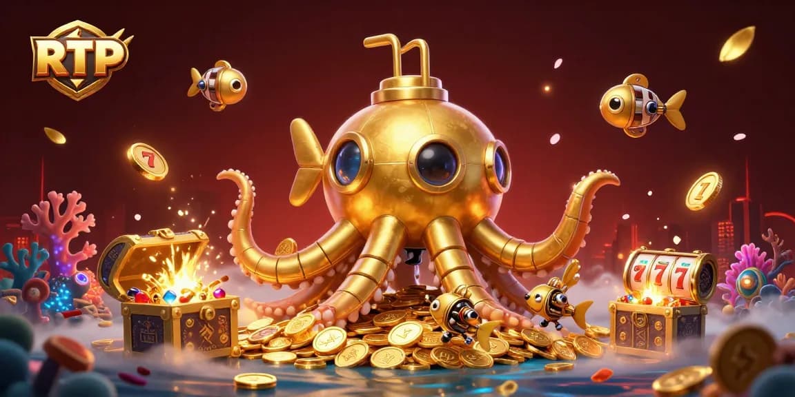 Spin the reels with RTP insights amidst a golden kraken submarine in a dynamic 3D casino scene.