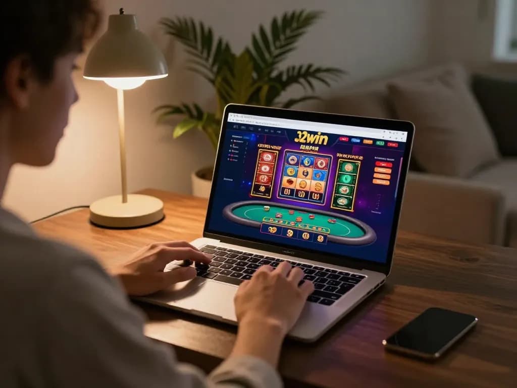 Experience thrilling gameplay at 32win with a user engaging in online casino action on a laptop.
