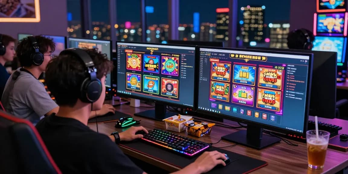 Engaging player immersed in slot gacor game at virtual casino, showcasing vibrant game graphics and interactive chat.