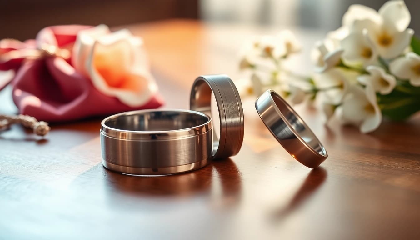 Showcasing stunning tungsten wedding bands with polished surfaces and elegant designs.