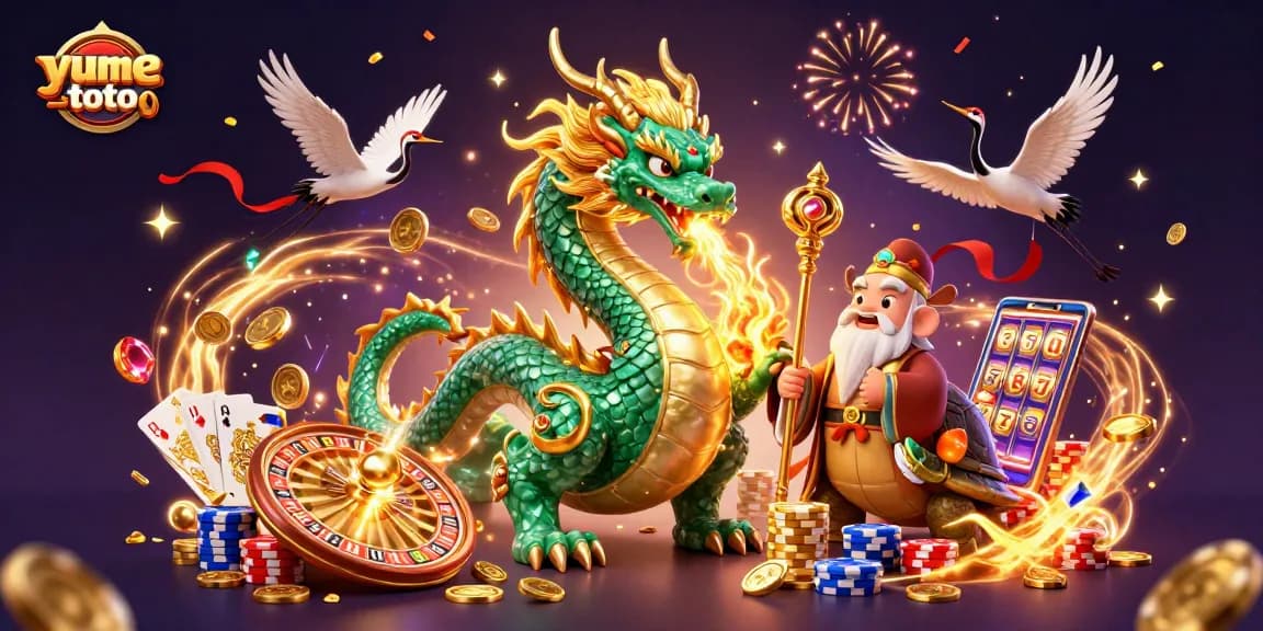 Engage with yumetoto's vibrant casino world, illustrated with a jade dragon, turtle sage, and cranes amidst a dynamic gambling scene.