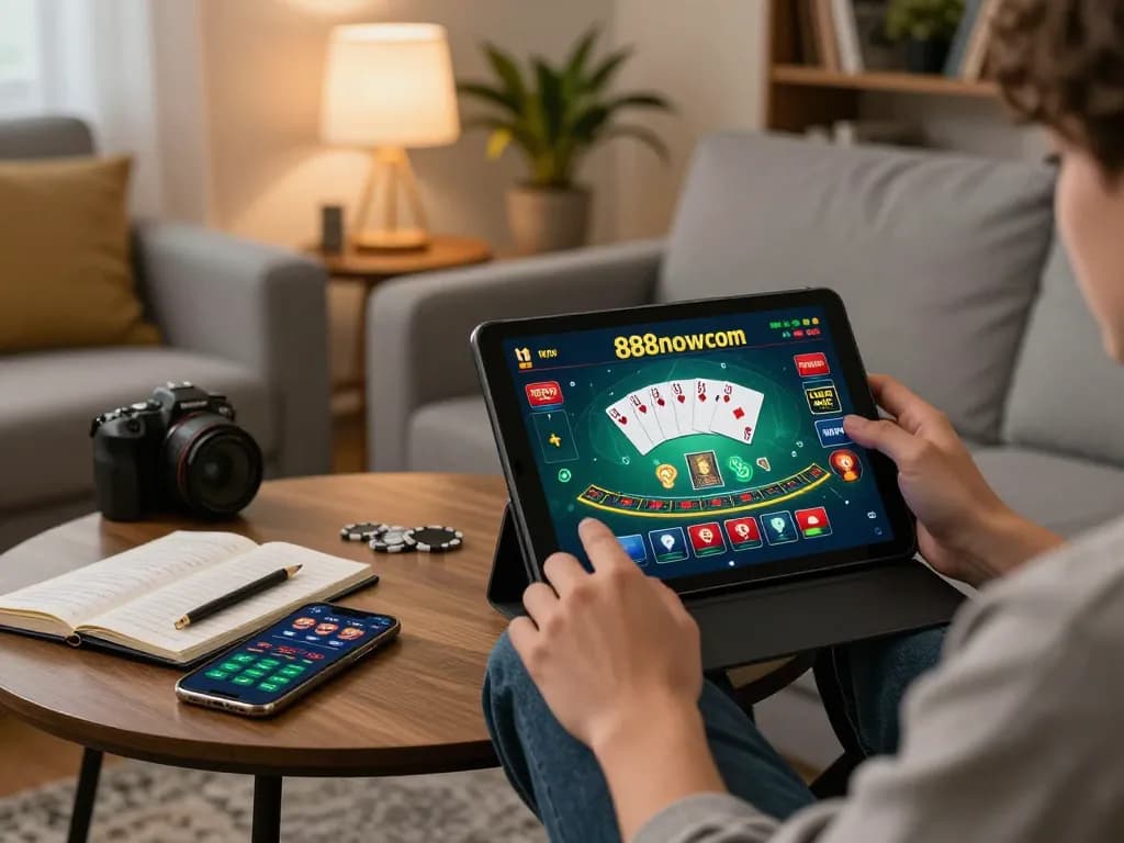 Engaged player using 888now com on a tablet for blackjack strategy in a cozy living room.