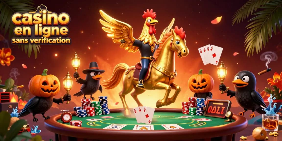 Jouer à un casino en ligne sans vérification avec un coq d'or et des corbeaux dans un casino animé.