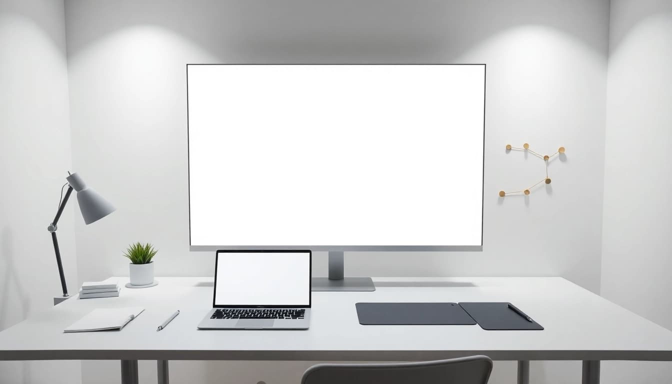 Bright workspace featuring tela branca on a fullscreen display to enhance focus and lighting.