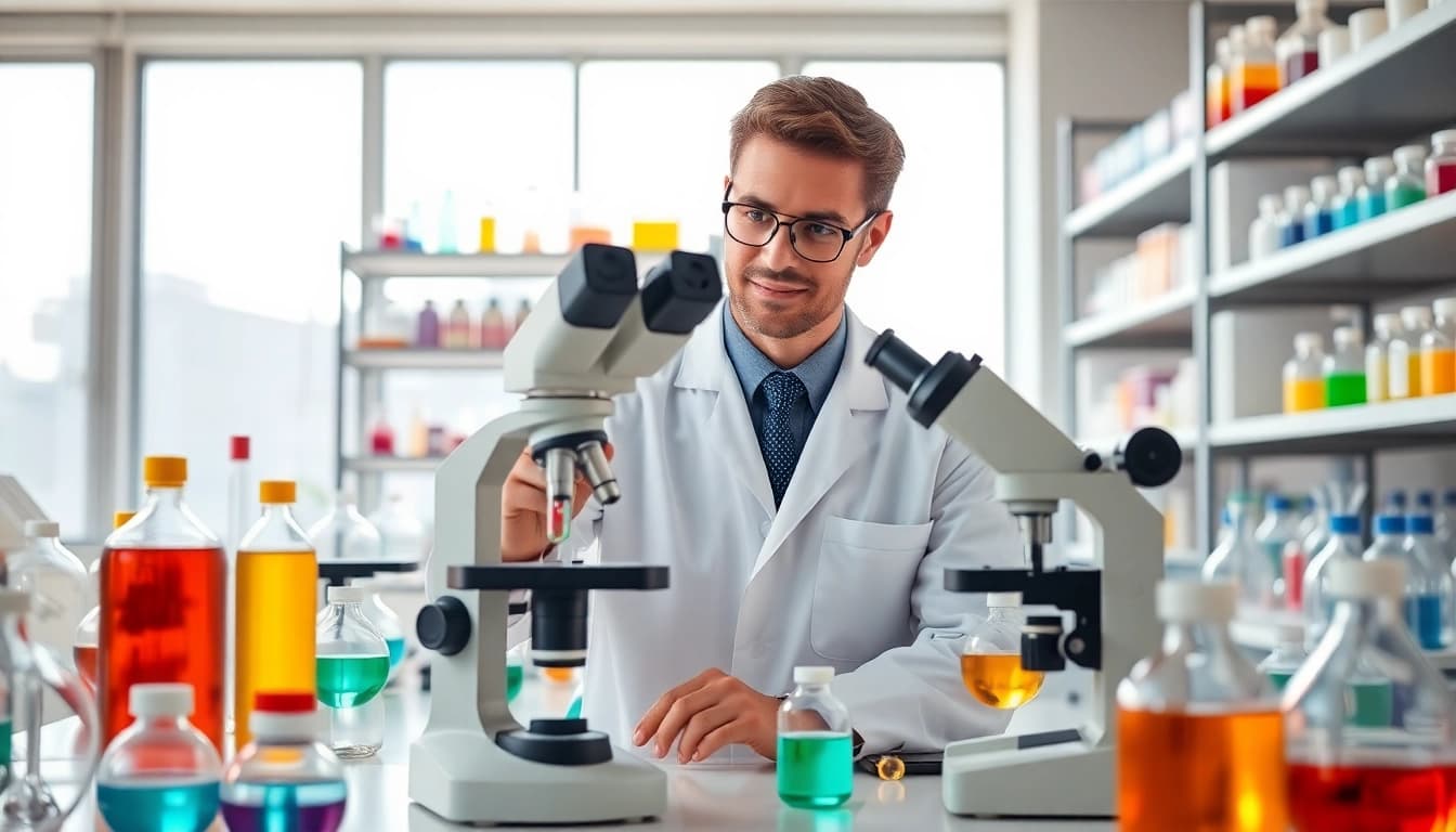NAD+ research by a scientist in a vibrant laboratory environment with various equipment.