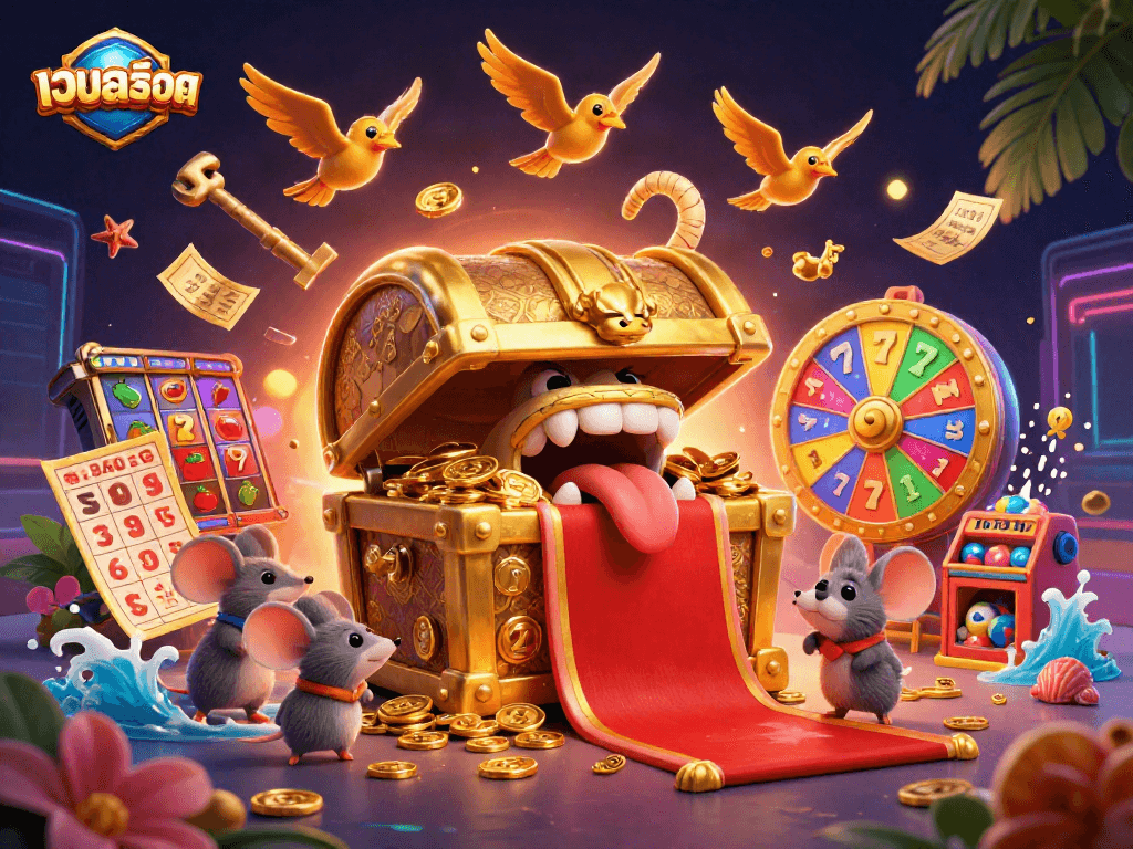 Engage with เว็บสล็อต characters in a vibrant casino landscape filled with riches and games.