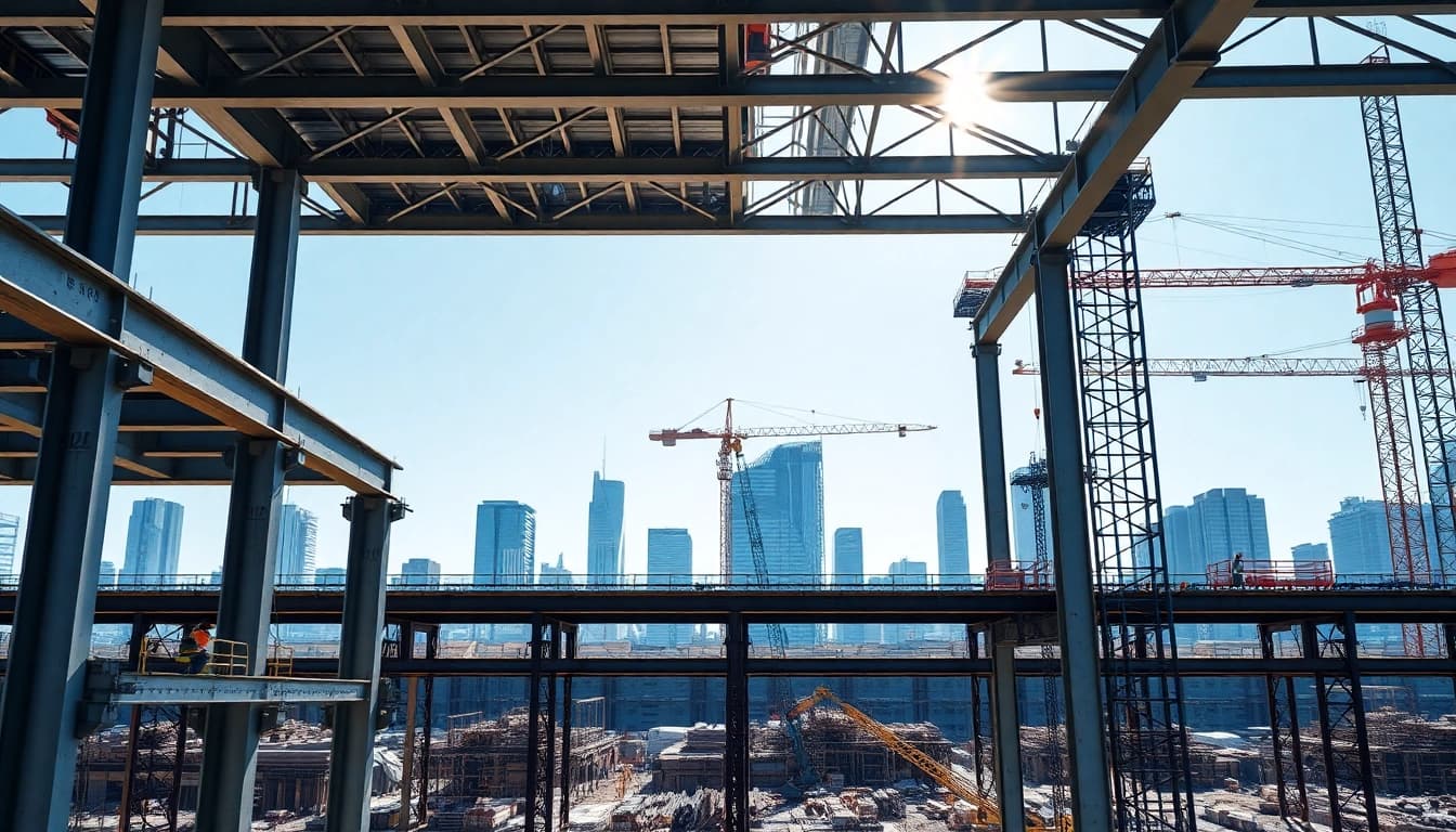 Showcasing structural steel construction at a busy site with cranes and workers assembling metal structures.