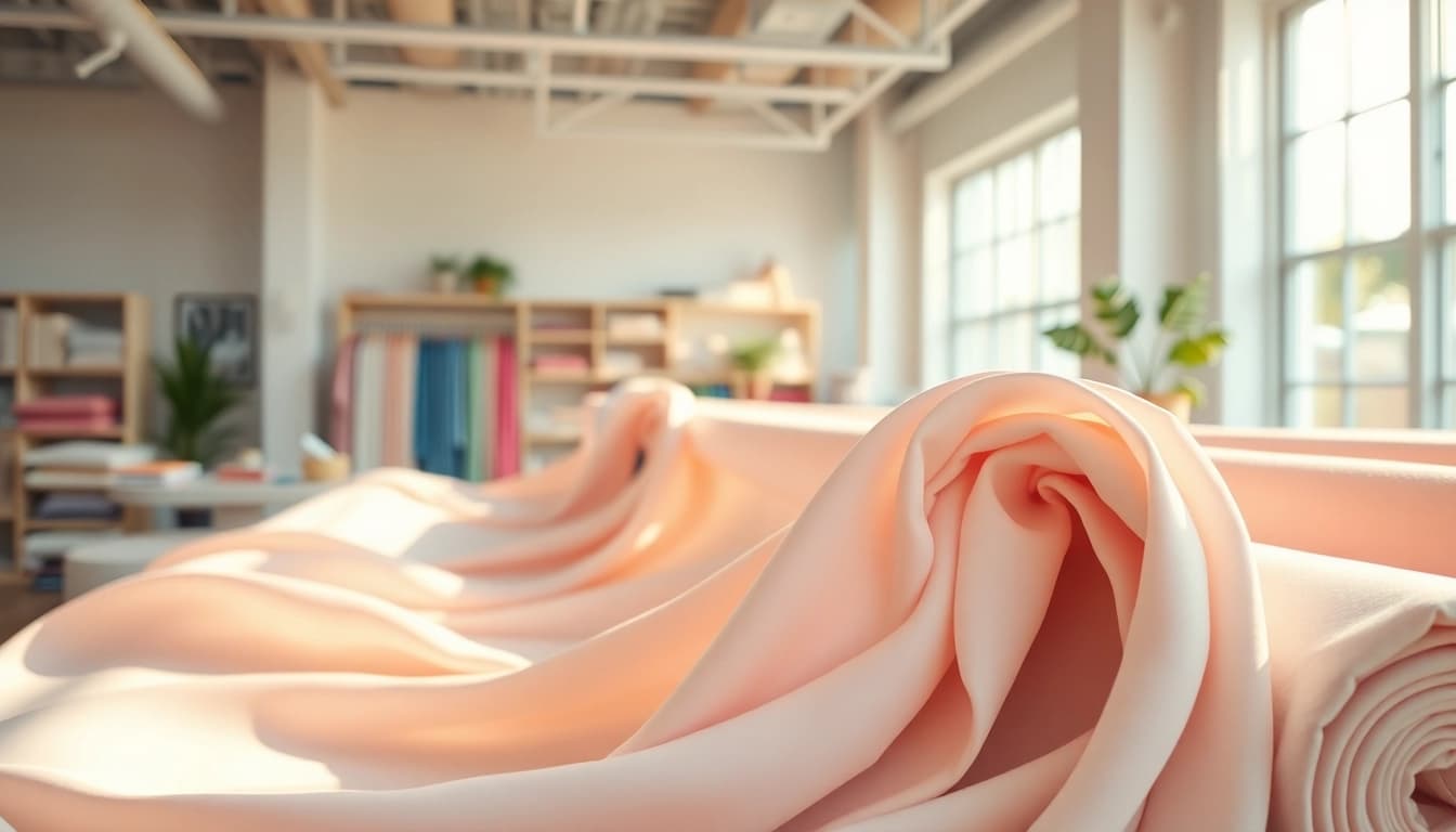 Detail van zachte stof voor kleding met een uitnodigende textuur en kleur, perfect voor modeontwerp.