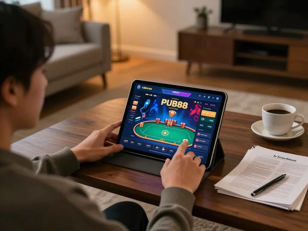 Engaging with Nhà cái PUB88 on a tablet, showcasing a cozy online gaming experience.
