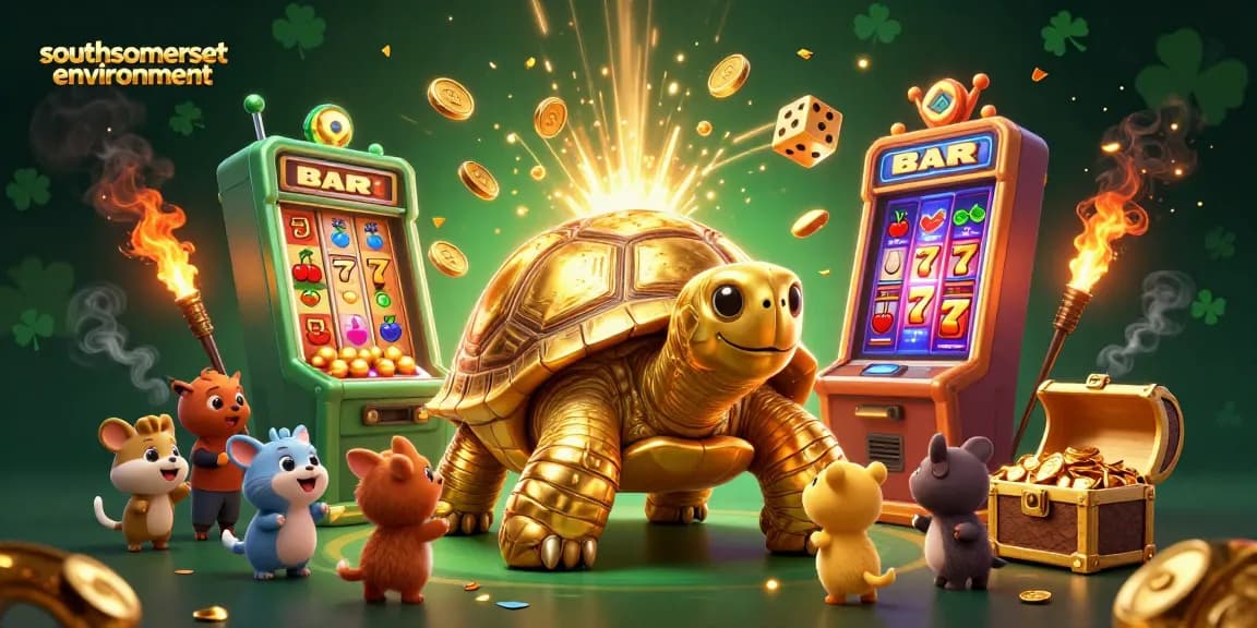 Engage with southsomersetenvironment's vibrant 3D casino scene featuring a playful golden tortoise and exciting slot actions.